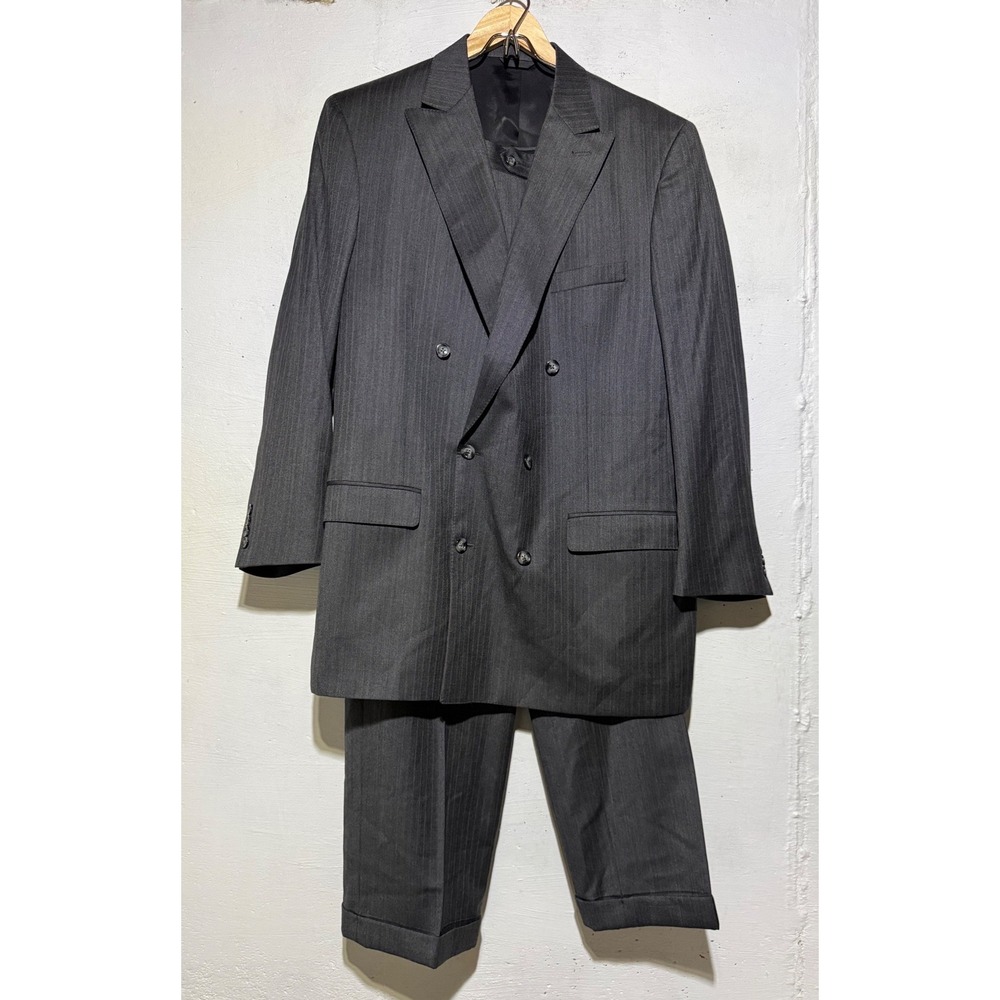 Savile Row Mens Custom Suit 48R Grey Zegna Fabric Pinstripe Double Breasted